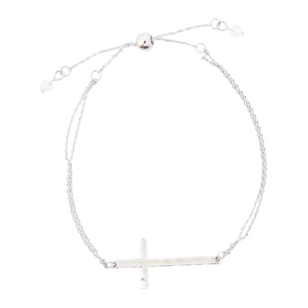 Silver Two Rows Dainty Casted Cross Bolo Bracelet