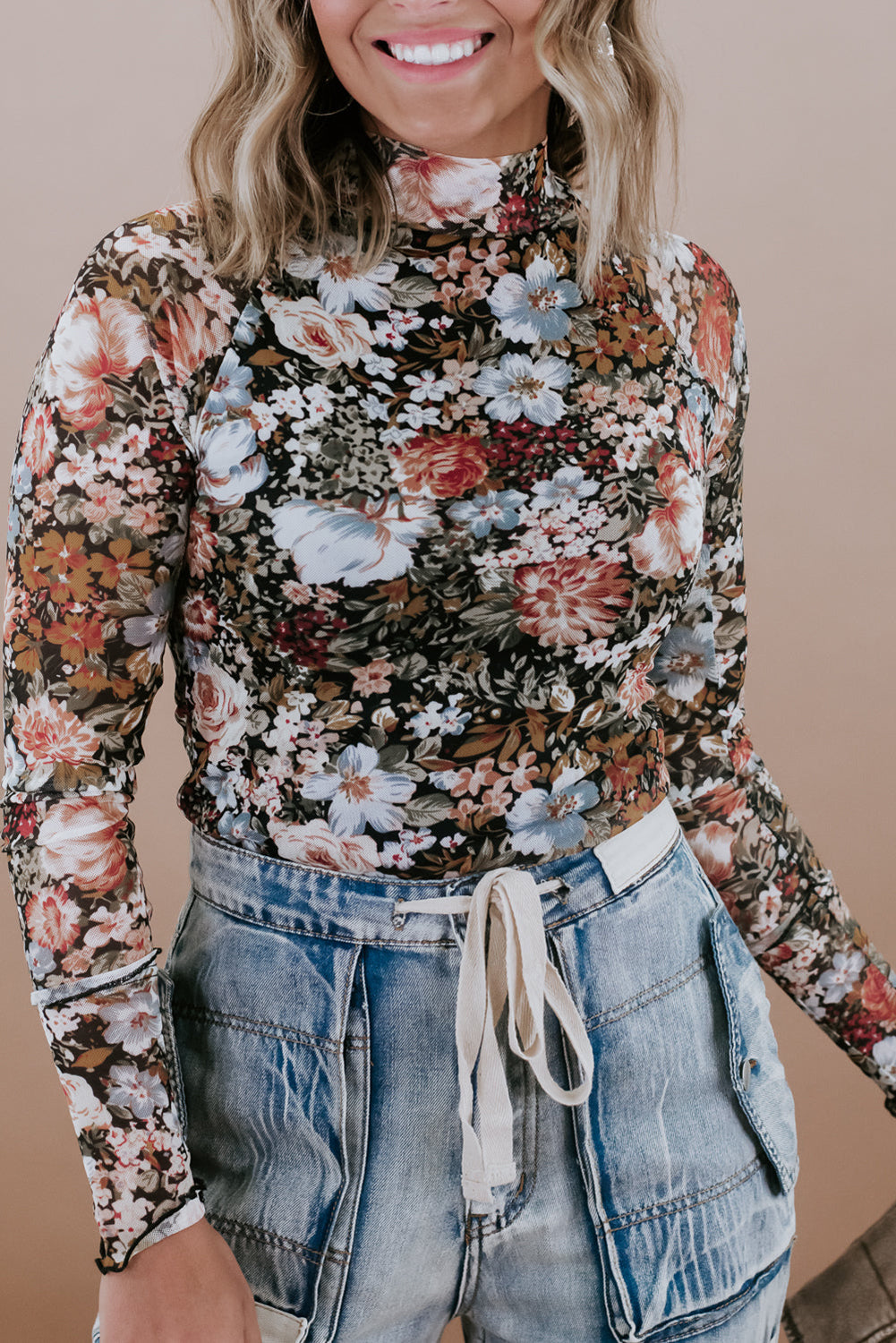 Brown Floral Mesh Top