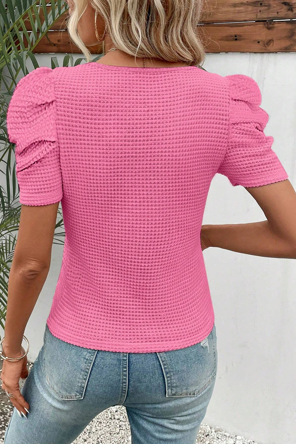 Pink Waffle Knit Puff Sleeve Top
