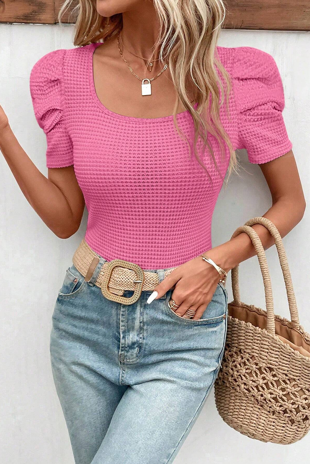 Pink Waffle Knit Puff Sleeve Top