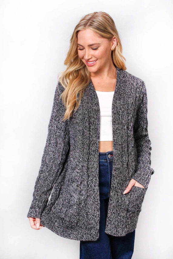 Open Front Double Pocket Cable Knit Cardigan