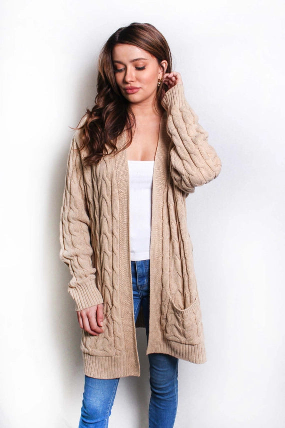 Open Front Double Pocket Cable Knit Cardigan