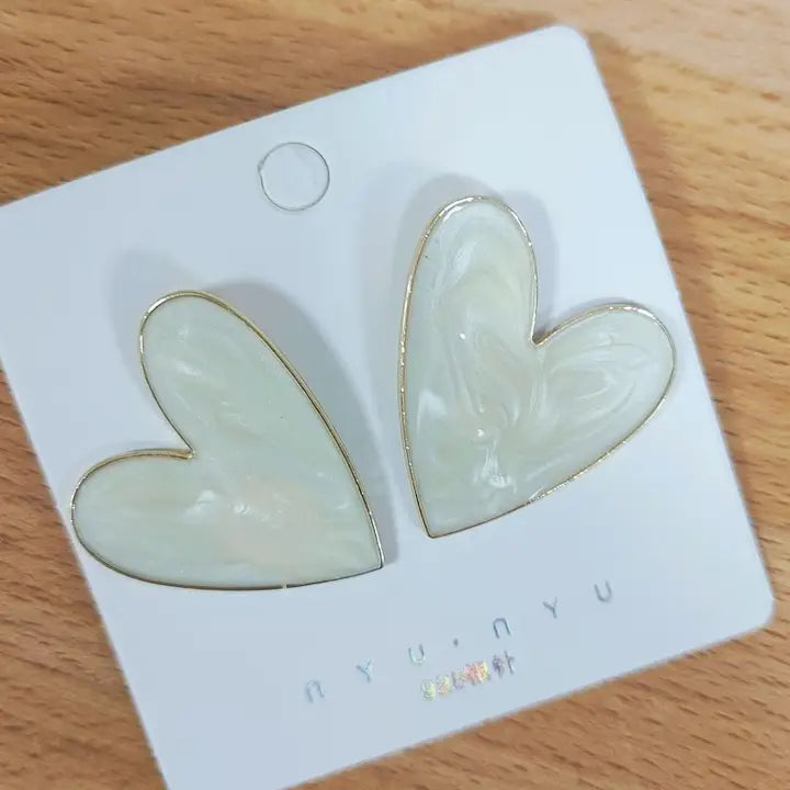 Oversized White Glaze Heart Stud Earrings