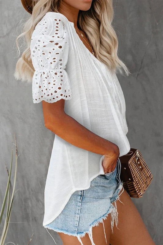 White V-Neck with Eyelet Sleeves