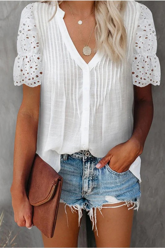 White V-Neck with Eyelet Sleeves