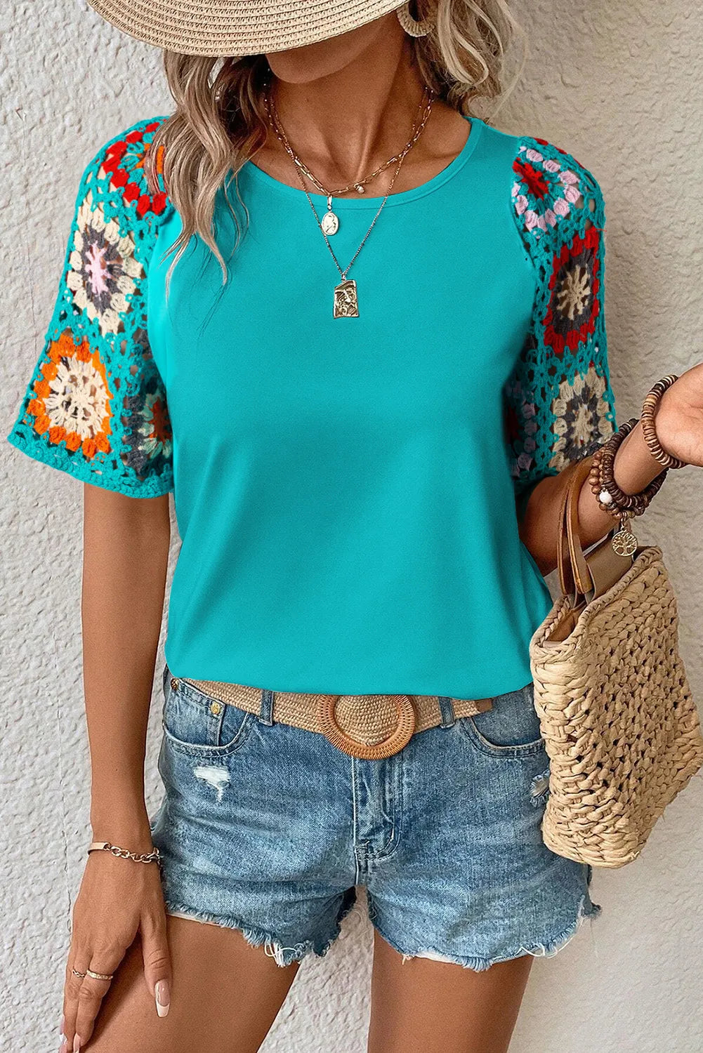 Turquoise Floral Crochet Sleeve Top