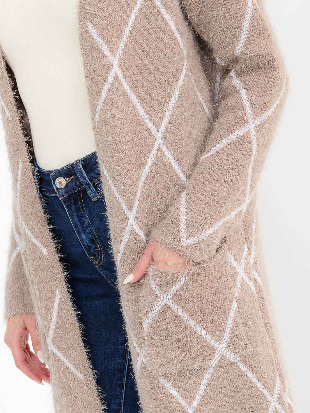 Taupe Fuzzy Argyle Longline Cardigan