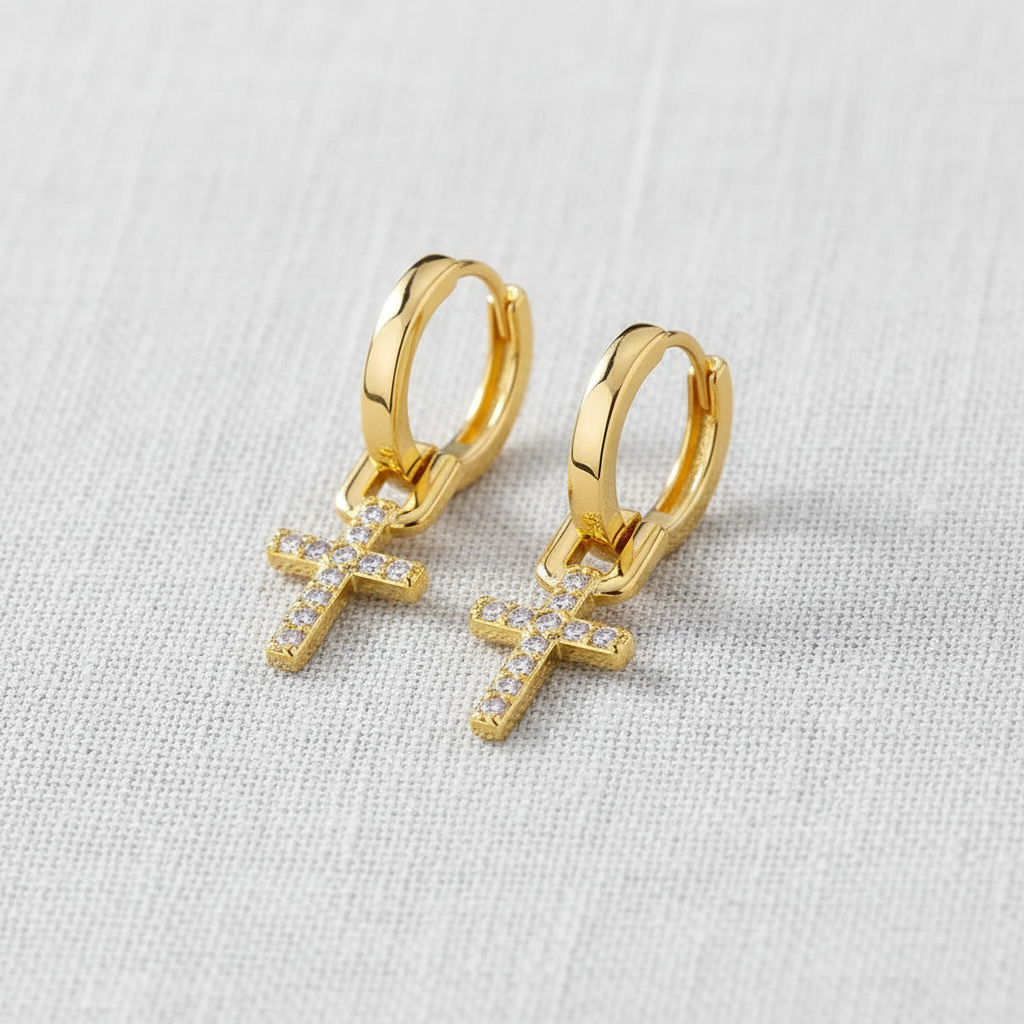 18k Gold Plated Cross Pendant Earrings