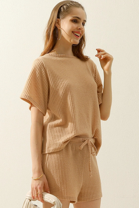 Waffle Knit Tee Top & Drawstring Waist Shorts