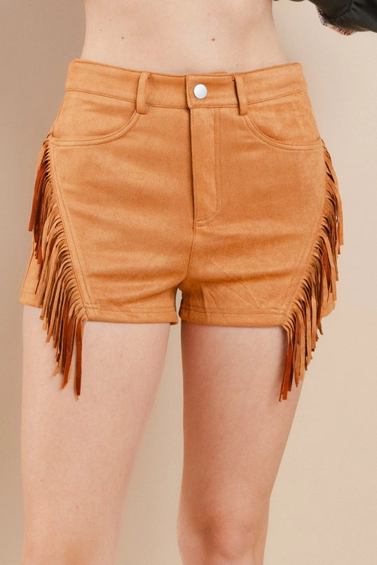 Camel Faux Suede Fringe Shorts