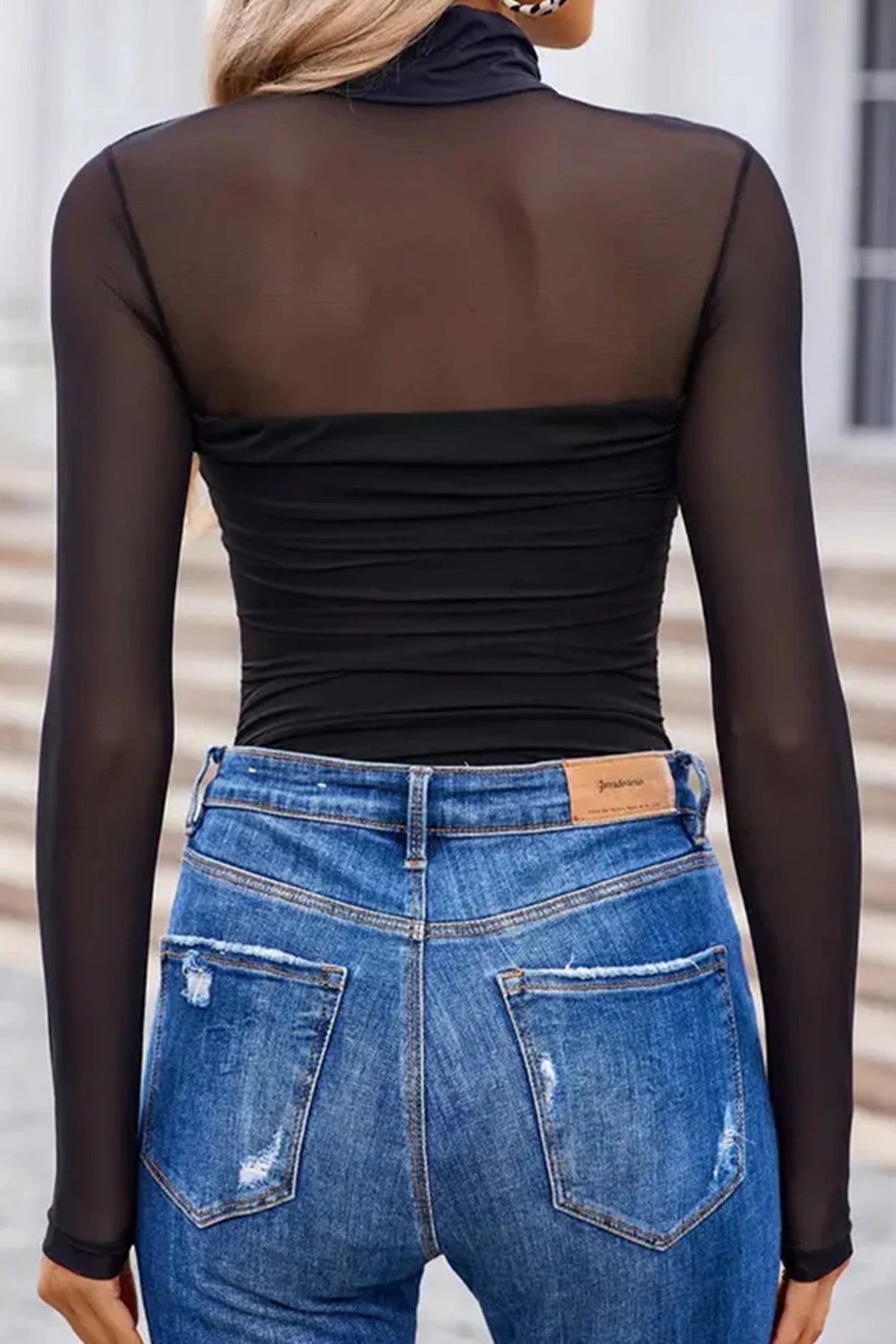 Mesh Mock Neck Ruched Top