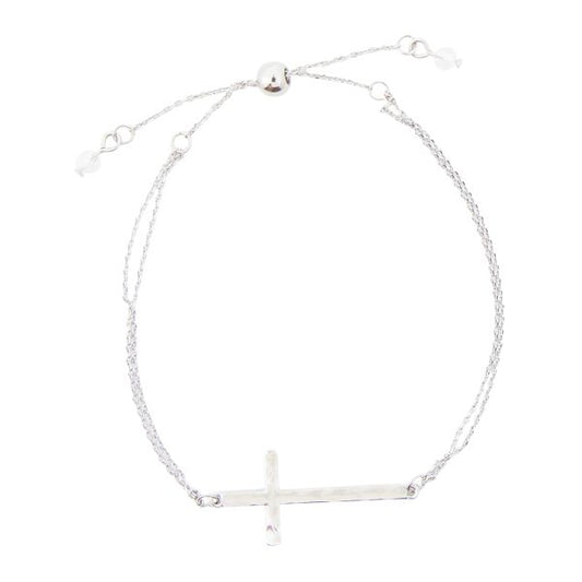 Silver Two Rows Dainty Casted Cross Bolo Bracelet