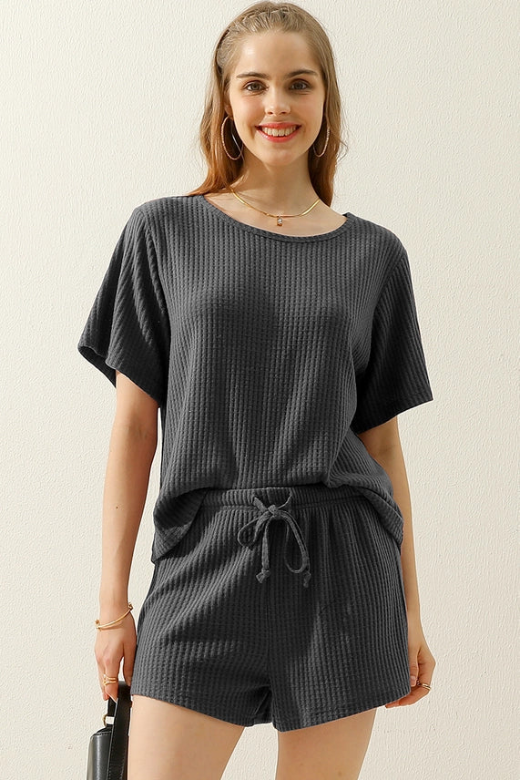 Waffle Knit Tee Top & Drawstring Waist Shorts