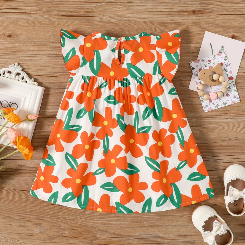 Orange Floral Print Flutter-Sleeve Dress