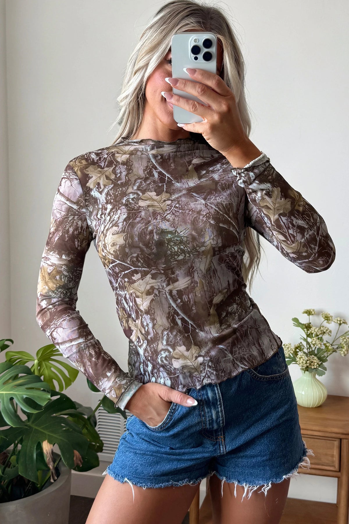 Camo Mesh Long Sleeve Top