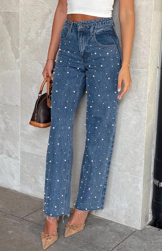 Cross Waist Vintage Beaded Straight Leg Jeans