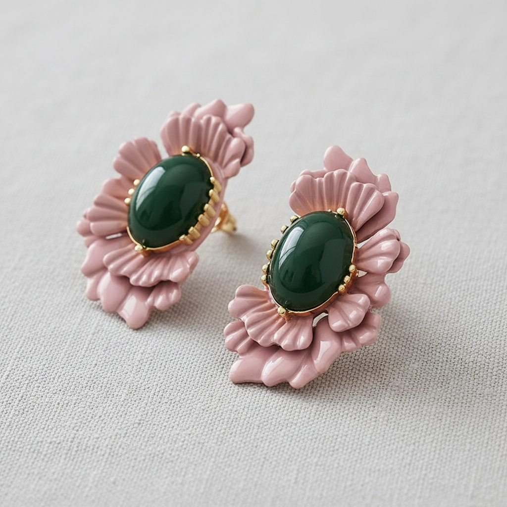 Retro Oval Glass Bead Flower Earrings