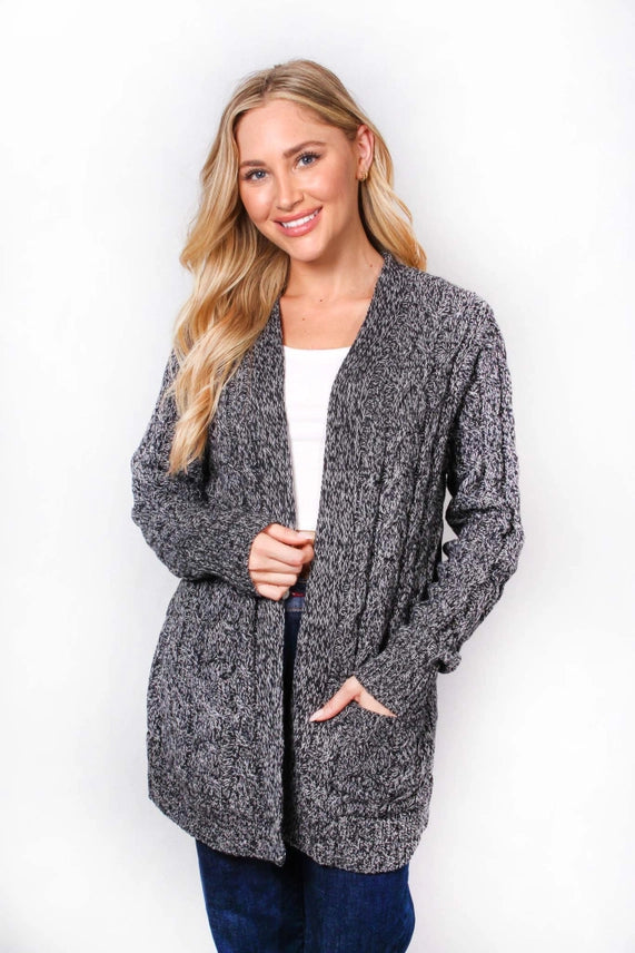 Open Front Double Pocket Cable Knit Cardigan