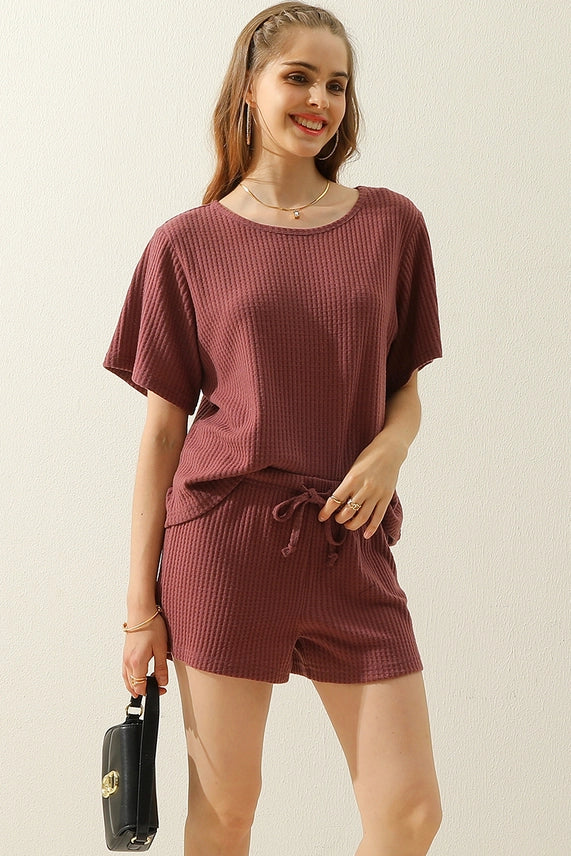 Waffle Knit Tee Top & Drawstring Waist Shorts