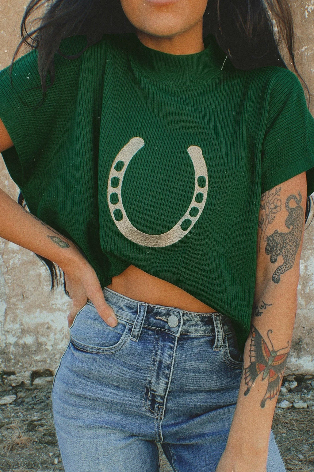 Green Horseshoe Knit Top