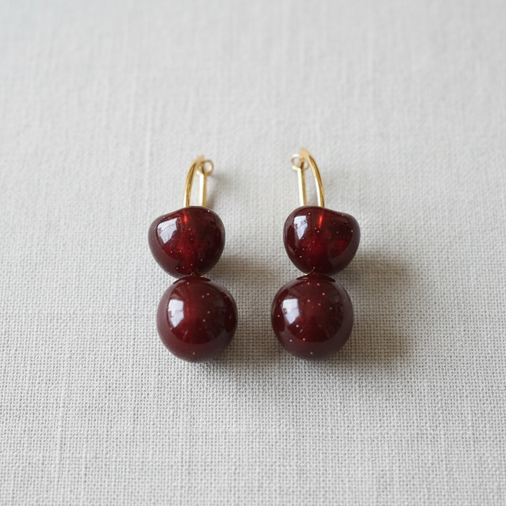 Cherry Resin Gold Stud Earrings