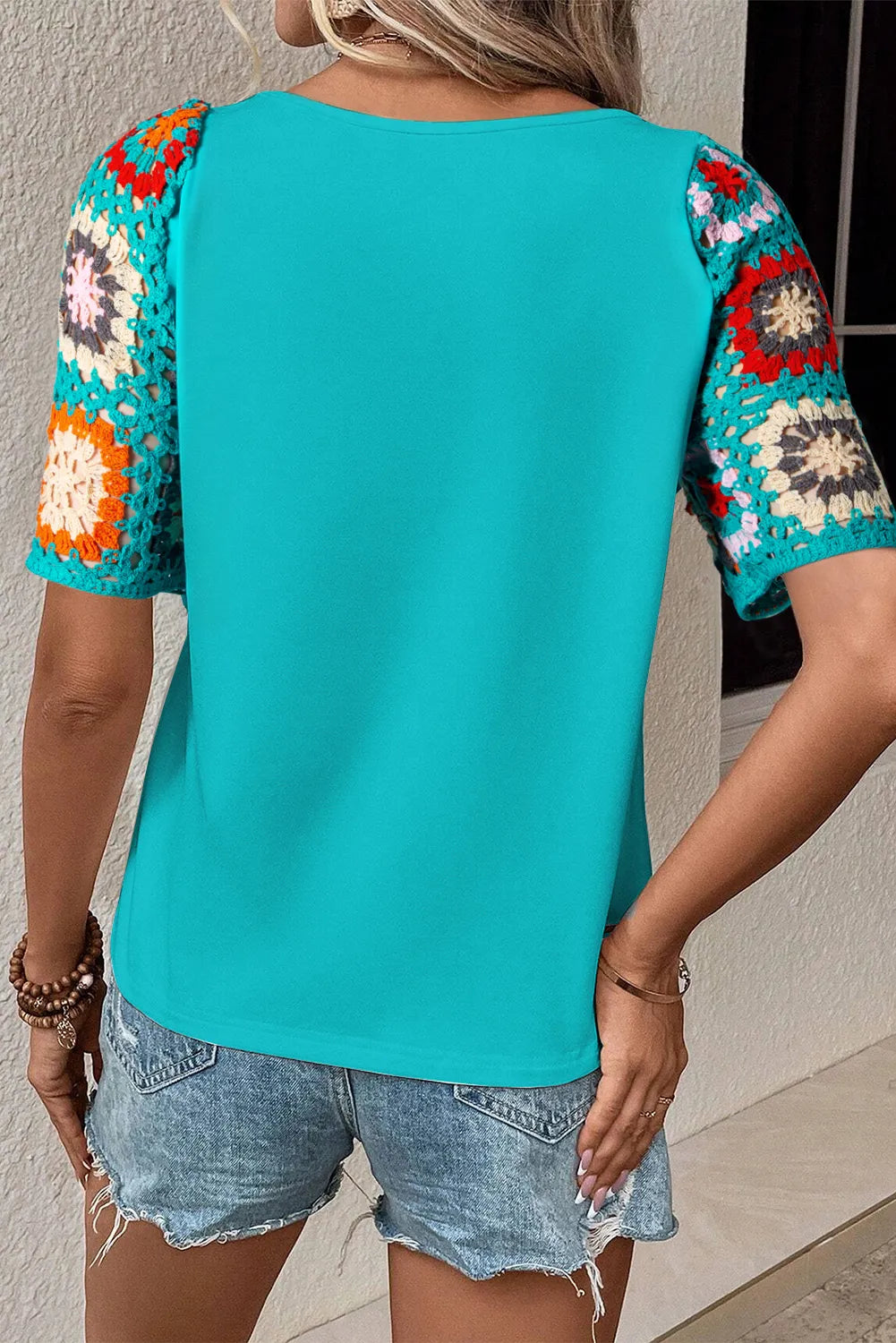 Turquoise Floral Crochet Sleeve Top