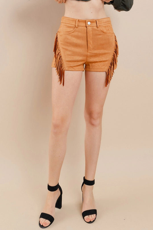 Camel Faux Suede Fringe Shorts