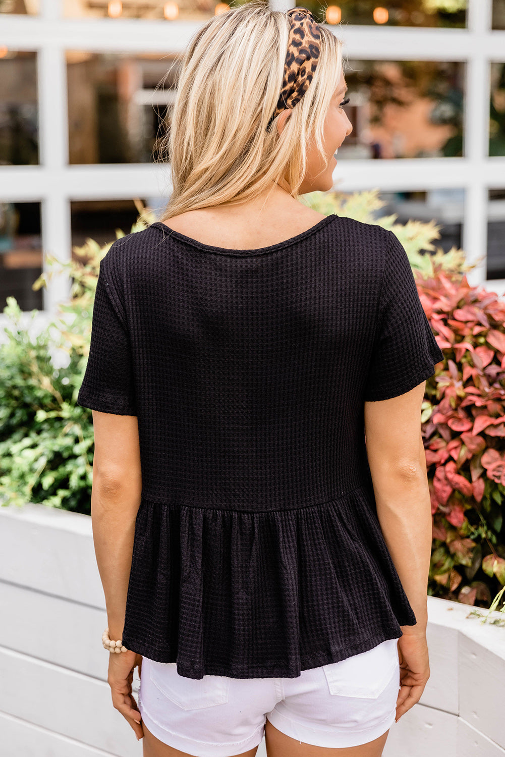 Black Waffle Knit Peplum Top