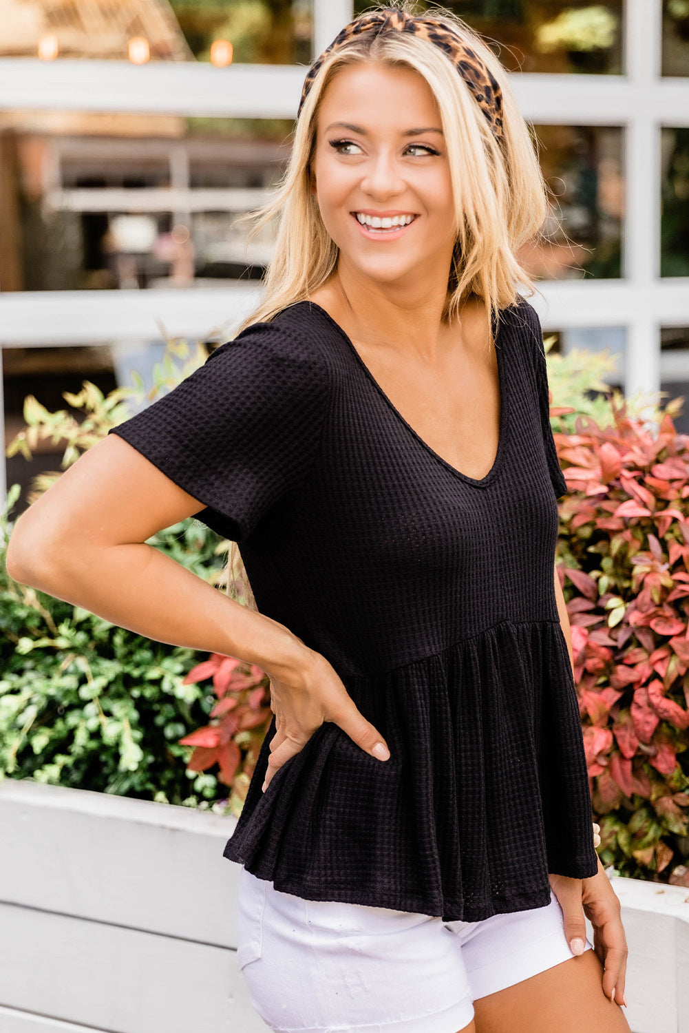 Black Waffle Knit Peplum Top