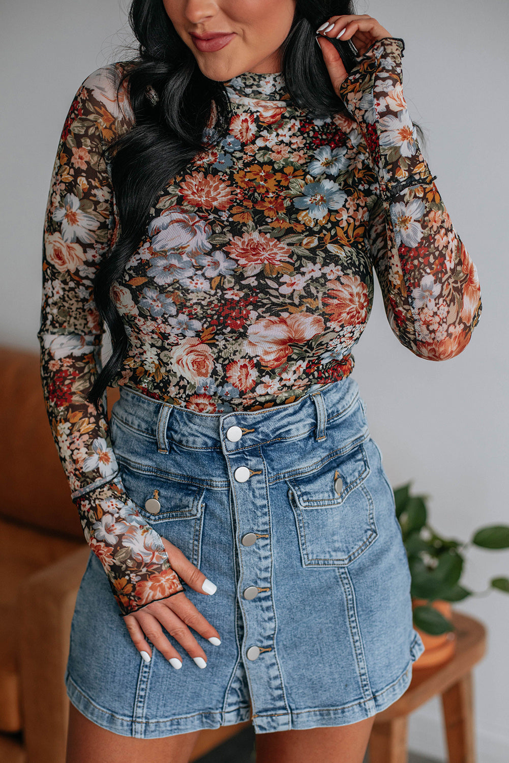 Brown Floral Mesh Top