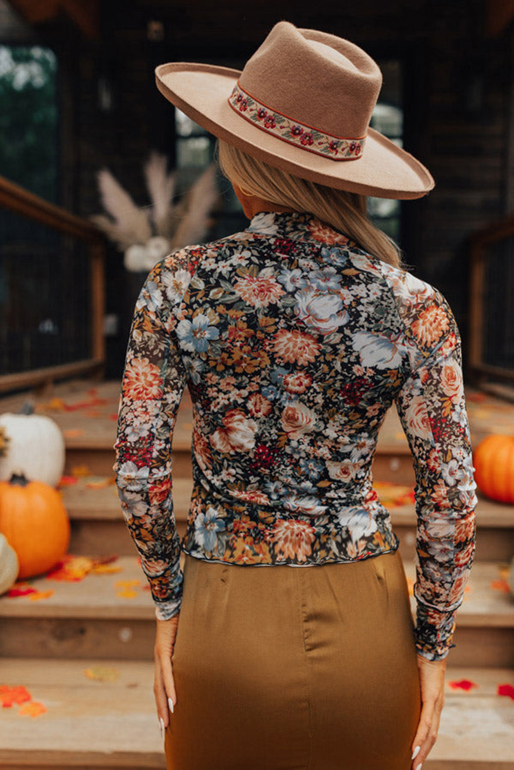 Brown Floral Mesh Top