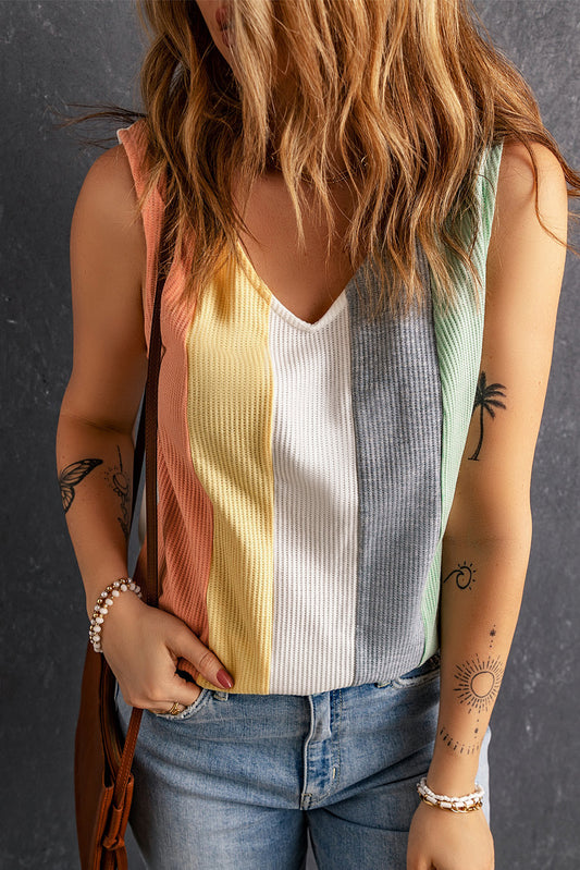 Multicolor V-Neck Waffle Knit Tank Top