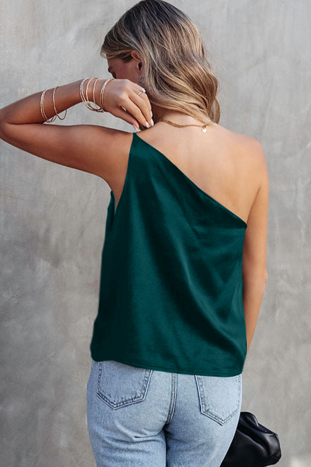 Green Satin One Shoulder Top