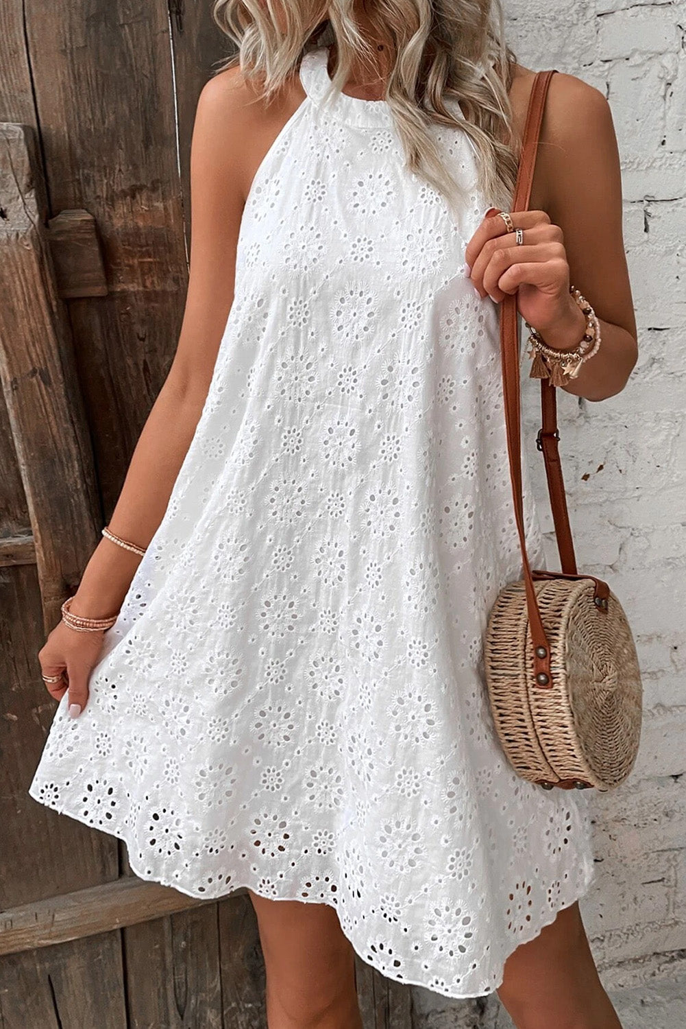 White Eyelet Halter Sleeveless Dress