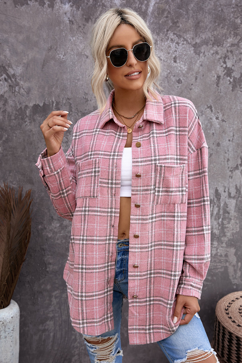Pink Plaid Buttoned Shirt