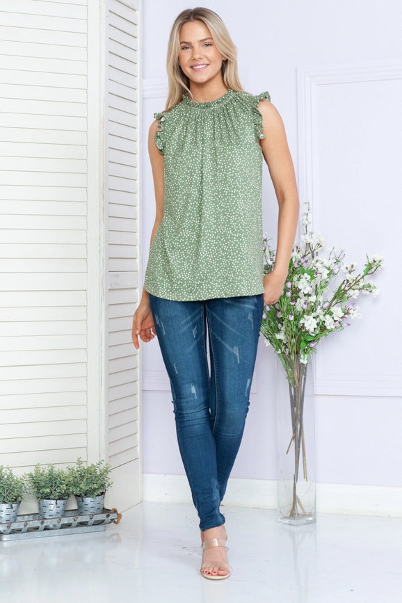 Polka Dot Sleeveless Ruffle Pleated Top