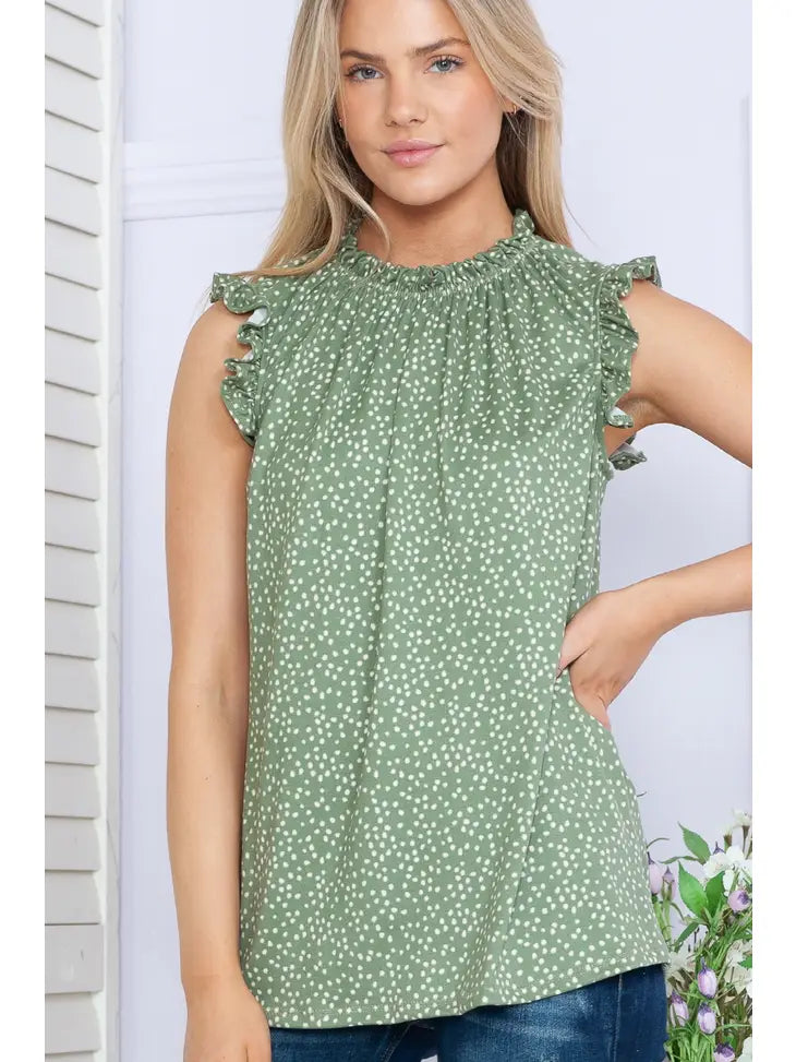 Polka Dot Sleeveless Ruffle Pleated Top