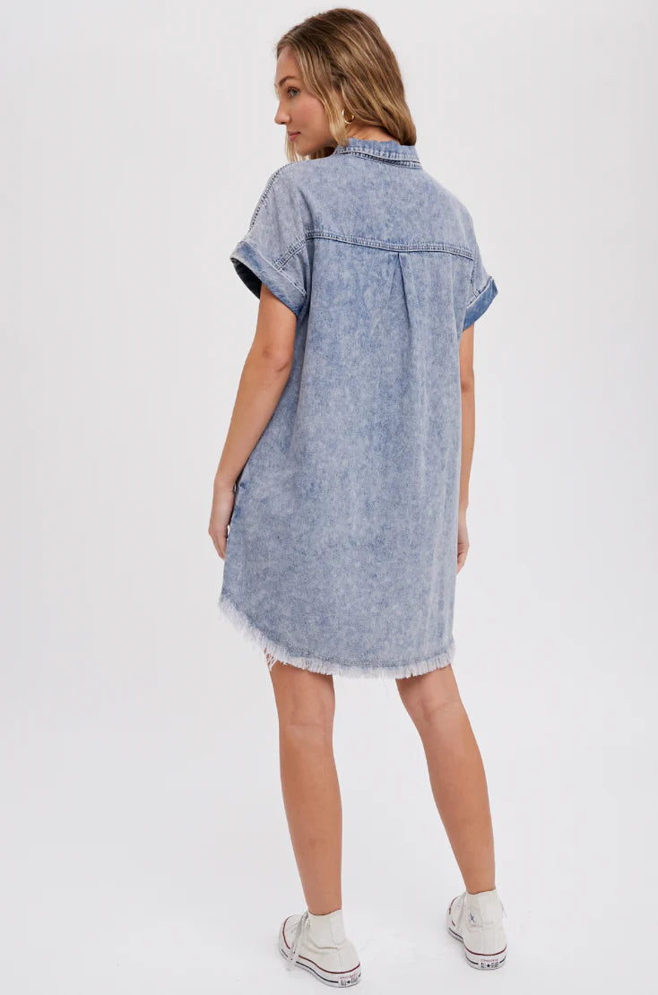 Frayed Hem Denim Shirt Dress