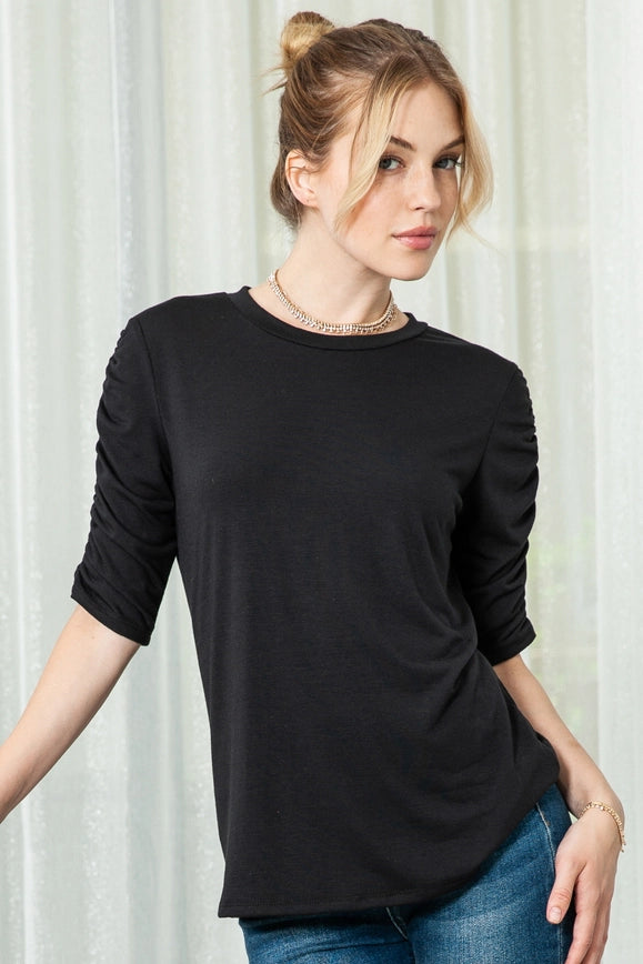 Solid Short Ruched Sleeve Top