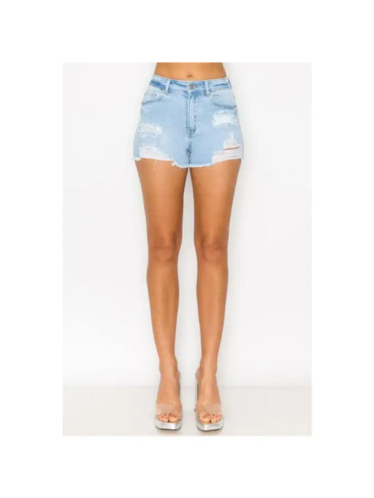 Mid Rise Destructed Denim Shorts