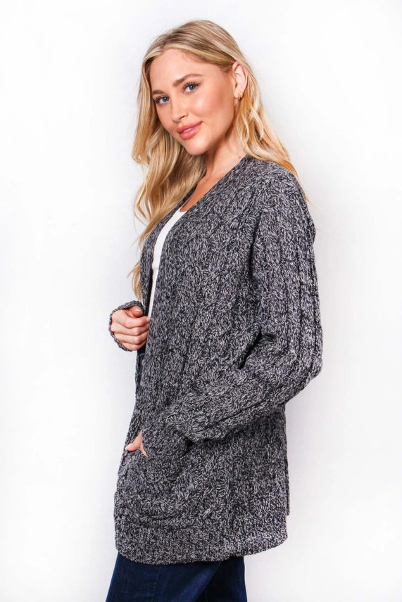 Open Front Double Pocket Cable Knit Cardigan