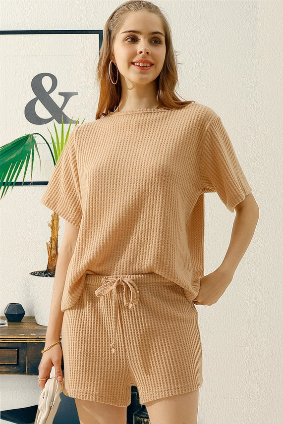 Waffle Knit Tee Top & Drawstring Waist Shorts