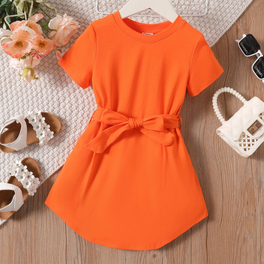 Solid Curved Hem Short-sleeve Belted Dress