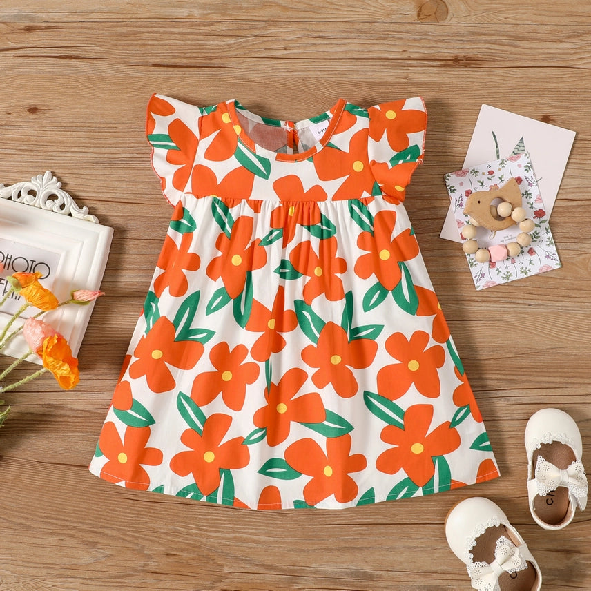 Orange Floral Print Flutter-Sleeve Dress