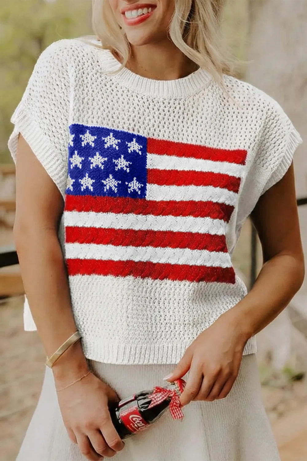 White Knit Flag Sweater Top