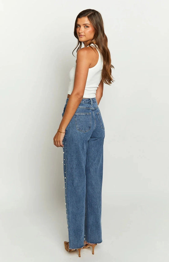 Cross Waist Vintage Beaded Straight Leg Jeans