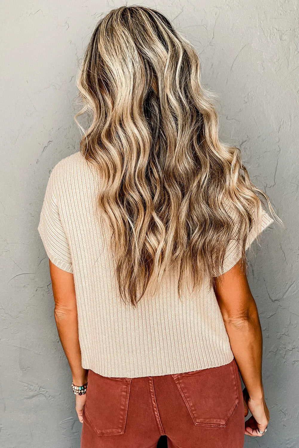 Oatmeal Ribbed Knit Short Sleeve Sweater