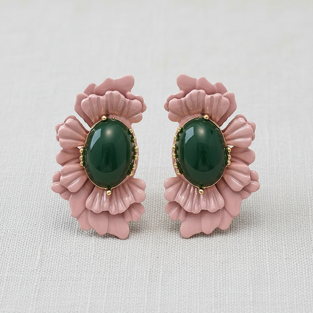 Retro Oval Glass Bead Flower Earrings