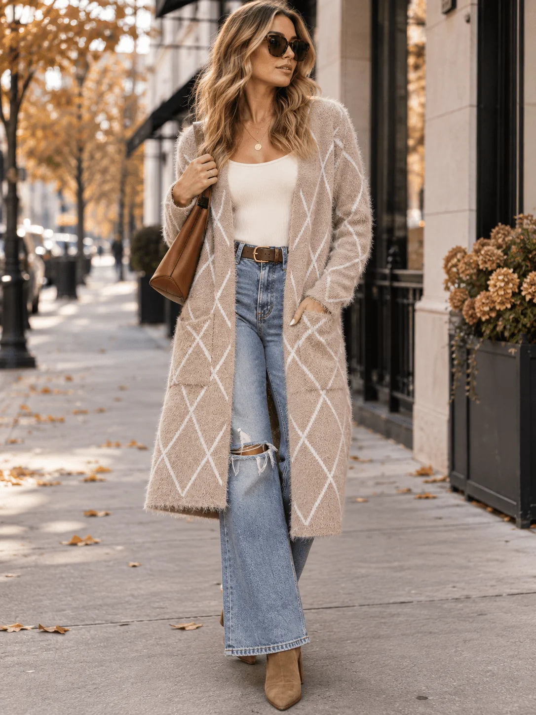 Taupe Fuzzy Argyle Longline Cardigan