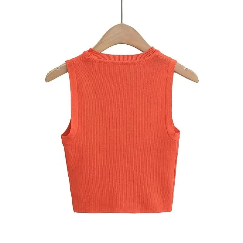 Red Round Neck Knit Crop Top